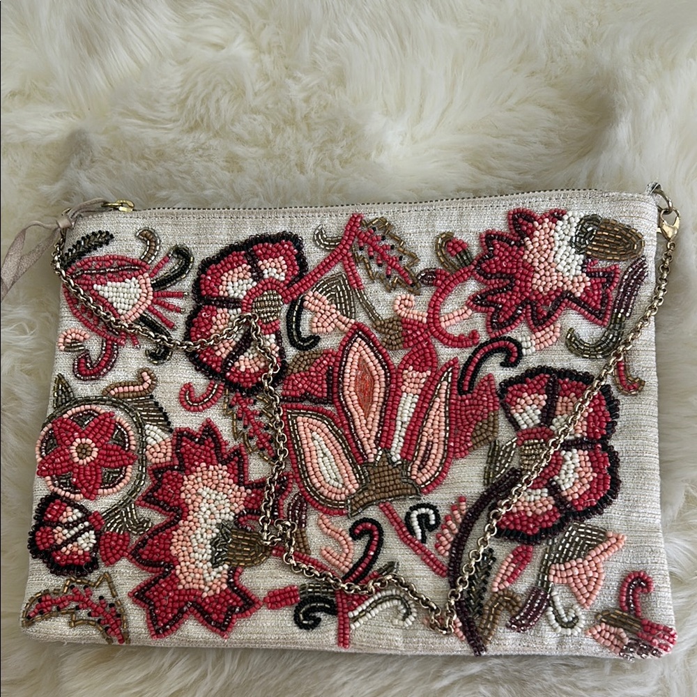 Chico’s Peach & Brown Floral Beaded Clutch/Shoulder Bag - Perfect for Spring!